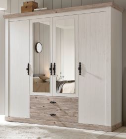 Kleiderschrank Rovola in Pinie weiß / Oslo Pinie Landhaus Drehtürenschrank 4-türig mit Spiegel 217 x 201 cm Kleiderschrank Rovola in Pinie weiß / Oslo Pinie Landhaus Drehtürenschrank 4-türig mit Spiegel 217 x 201 cm