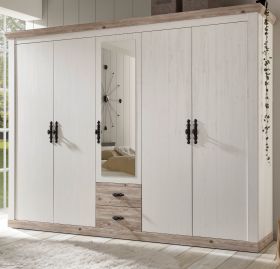 Kleiderschrank Rovola in Pinie weiß / Oslo Pinie Landhaus Drehtürenschrank 5-türig mit Spiegel 265 x 201 cm Kleiderschrank Rovola in Pinie weiß / Oslo Pinie Landhaus Drehtürenschrank 5-türig mit Spiegel 265 x 201 cm