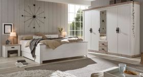 Schlafzimmer komplett Rovola in Pinie weiß / Oslo Pinie Landhaus Komplettzimmer mit Doppelbett, Kleiderschrank und 2 x Nachttisch