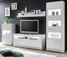 Wohnwand Nobile in Hochglanz weiß und Stone Design grau Anbauwand 4-teilig 302 x 198 cm Wohnwand Nobile in Hochglanz weiß und Stone Design grau Anbauwand 4-teilig 302 x 198 cm
