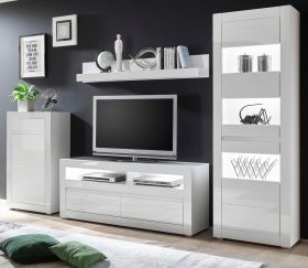Wohnwand Nobile in Hochglanz weiß und Stone Design grau Anbauwand 4-teilig 302 x 198 cm Wohnwand Nobile in Hochglanz weiß und Stone Design grau Anbauwand 4-teilig 302 x 198 cm