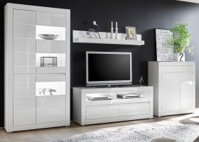 Wohnwand Nobile in Hochglanz weiß und Stone Design grau Anbauwand 4-teilig 370 x 198 cm Wohnwand Nobile in Hochglanz weiß und Stone Design grau Anbauwand 4-teilig 370 x 198 cm