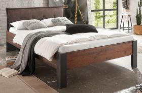 Bett Ward in Old Used Wood Shabby Design mit Matera grau Kopfteil gepolstert Einzelbett Liegefläche 140 x 200 cm Bett Ward in Old Used Wood Shabby Design mit Matera grau Kopfteil gepolstert Einzelbett Liegefläche 140 x 200 cm