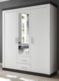 Kleiderschrank Corela in Pinie weiß und Wenge Landhaus Drehtürenschrank 3-türig mit Spiegel 169 x 201 cm