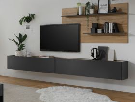 Wohnkombination Center in grau matt und Wotan Eiche Wohnwand 3-teilig 300 x 180 cm mit XXL-Board und Wandpaneel Wohnkombination Center in grau matt und Wotan Eiche Wohnwand 3-teilig 300 x 180 cm mit XXL-Board und Wandpaneel