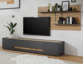 Wohnkombination Center in grau matt und Wotan Eiche Wohnwand 2-teilig 300 x 180 cm mit XL-Board und Wandpaneel Wohnkombination Center in grau matt und Wotan Eiche Wohnwand 2-teilig 300 x 180 cm mit XL-Board und Wandpaneel