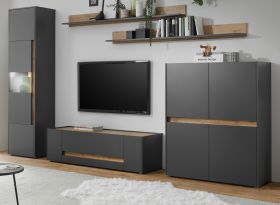 Wohnwand Center in grau matt und Wotan Eiche Wohnkombination 5-teilig 330 x 197 cm Wohnwand Center in grau matt und Wotan Eiche Wohnkombination 5-teilig 330 x 197 cm