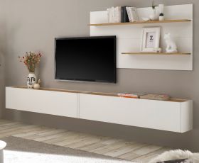 Wohnkombination Center in weiß und Wotan Eiche Wohnwand 3-teilig 300 x 180 cm mit XXL-Board und Wandpaneel Wohnkombination Center in weiß und Wotan Eiche Wohnwand 3-teilig 300 x 180 cm mit XXL-Board und Wandpaneel