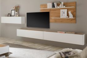 Wohnkombination Center in weiß und Wotan Eiche Wohnwand 4-teilig 400 x 180 cm mit XXL-Board und Wandpaneel Wohnkombination Center in weiß und Wotan Eiche Wohnwand 4-teilig 400 x 180 cm mit XXL-Board und Wandpaneel