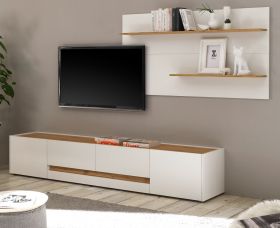 Wohnkombination Center in weiß und Wotan Eiche Wohnwand 2-teilig 300 x 180 cm mit XL-Board und Wandpaneel Wohnkombination Center in weiß und Wotan Eiche Wohnwand 2-teilig 300 x 180 cm mit XL-Board und Wandpaneel