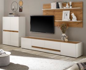 Wohnkombination Center in weiß und Wotan Eiche Wohnwand 3-teilig 343 x 180 cm mit XL-Board Wohnkombination Center in weiß und Wotan Eiche Wohnwand 3-teilig 343 x 180 cm mit XL-Board