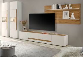 Wohnwand Center in weiß und Wotan Eiche Wohnkombination 4-teilig 400 x 197 cm mit XL-Board Wohnwand Center in weiß und Wotan Eiche Wohnkombination 4-teilig 400 x 197 cm mit XL-Board