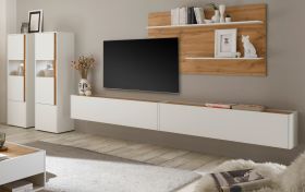 Wohnwand Center in weiß und Wotan Eiche Wohnkombination 5-teilig 440 x 180 cm mit XXL-Board Wohnwand Center in weiß und Wotan Eiche Wohnkombination 5-teilig 440 x 180 cm mit XXL-Board