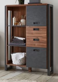Badezimmer Highboard Auburn in Eiche Stirling und Matera grau Badmöbel Midischrank 90 x 140 cm Badezimmer Highboard Auburn in Eiche Stirling und Matera grau Badmöbel Midischrank 90 x 140 cm