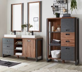 Badmöbel Set 6-teilig Auburn in Eiche Stirling und Matera grau Doppelwaschtisch inkl. 2 x Waschbecken 248 x 205 cm Badkombination Badmöbel Set 6-teilig Auburn in Eiche Stirling und Matera grau Doppelwaschtisch inkl. 2 x Waschbecken 248 x 205 cm Badkombination