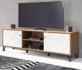 TV-Lowboard Touch in weiß matt mit Rautenoptik und Eiche Artisan TV-Unterteil 183 cm TV-Lowboard Touch in weiß matt mit Rautenoptik und Eiche Artisan TV-Unterteil 183 cm