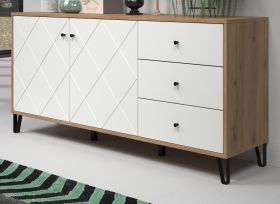 Sideboard Touch in weiß matt mit Rautenoptik und Eiche Artisan Kommode 183 cm Sideboard Touch in weiß matt mit Rautenoptik und Eiche Artisan Kommode 183 cm