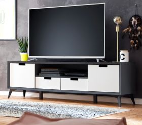 TV-Lowboard Netanja in grau und weiß matt lackiert TV Board mit Wechselfronten und Türen 180° drehbar 180 x 55 cm