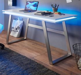 Schreibtisch Tiflis in weiß matt lackiert Laptoptisch für Homeoffice und Büro mit RGB-LED Farbwechsel 140 x 60 cm