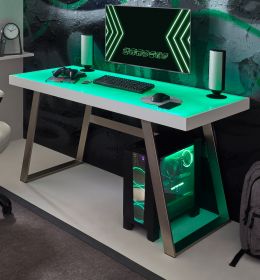 Schreibtisch Tiflis in weiß Laptoptisch für Homeoffice und Büro mit RGB-LED Farbwechsel 140 x 60 cm