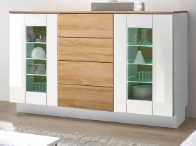 Sideboard Savanna in weiß Hochglanz und Grandson Eiche Kommode 136 x 85 cm Sideboard Savanna in weiß Hochglanz und Grandson Eiche Kommode 136 x 85 cm