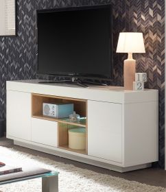 TV-Lowboard Kronos in weiß matt lackiert und Eiche TV-Unterteil in Komforthöhe 168 x 65 cm