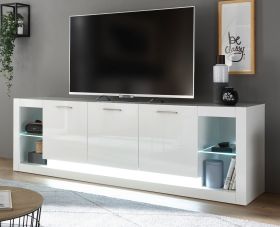 TV-Lowboard Ladis in weiß Hochglanz TV Unterteil in Komforthöhe XL-Board 198 x 61 cm TV-Lowboard Ladis in weiß Hochglanz TV Unterteil in Komforthöhe XL-Board 198 x 61 cm