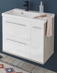 Waschbeckenunterschrank MIT Waschbecken Venni in weiß Hochglanz Lack und Eiche Waschtisch Set hängend 70 cm