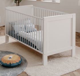 Babyzimmer Babybett Landwood in weiß Gitterbett mit Schlupfsprossen und Lattenrost 70 x 140 cm Liegefläche