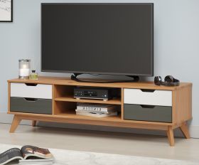 TV-Lowboard Scandik in Massivholz Kiefer honigfarben lackiert mit weiß und grau TV Unterteil 140 x 42 cm TV-Lowboard Scandik in Massivholz Kiefer honigfarben lackiert mit weiß und grau TV Unterteil 140 x 42 cm