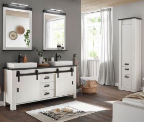 Badmöbel Set Stove in weiß Pinie und anthrazit Landhaus Doppelwaschtisch MIT Waschbecken und LED Spiegellampe Badmöbel Set Stove in weiß Pinie und anthrazit Landhaus Doppelwaschtisch MIT Waschbecken und LED Spiegellampe