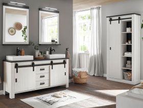 Badmöbel Set Stove in weiß Pinie und anthrazit Landhaus Doppelwaschtisch MIT Waschbecken und LED Spiegellampe Badmöbel Set Stove in weiß Pinie und anthrazit Landhaus Doppelwaschtisch MIT Waschbecken und LED Spiegellampe