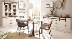Esszimmer Set Stove in weiß Pinie und anthrazit Landhaus Speisezimmer 3-teilig mit Buffetschrank, Esstisch und Sideboard Esszimmer Set Stove in weiß Pinie und anthrazit Landhaus Speisezimmer 3-teilig mit Buffetschrank, Esstisch und Sideboard