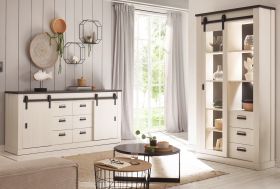 Wohn- und Esszimmer Set Stove in weiß Pinie und anthrazit Landhaus Wohnkombination 2-teilig mit Vitrine und Sideboard Wohn- und Esszimmer Set Stove in weiß Pinie und anthrazit Landhaus Wohnkombination 2-teilig mit Vitrine und Sideboard