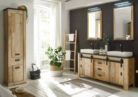Badmöbel Set Stove in Used Wood hell und anthrazit Doppelwaschtisch MIT Waschbecken und LED Spiegellampe Badmöbel Set Stove in Used Wood hell und anthrazit Doppelwaschtisch MIT Waschbecken und LED Spiegellampe