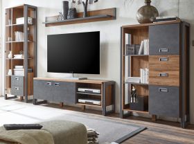 Wohnwand Auburn in Eiche Stirling und Matera grau Schrankwand 4-teilig 336 x 202 cm Wohnwand Auburn in Eiche Stirling und Matera grau Schrankwand 4-teilig 336 x 202 cm