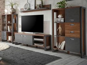 Wohnwand Auburn in Eiche Stirling und Matera grau Schrankwand 4-teilig 356 x 170 cm Wohnwand Auburn in Eiche Stirling und Matera grau Schrankwand 4-teilig 356 x 170 cm