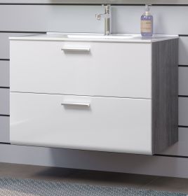 Waschbeckenunterschrank MIT Waschbecken Riva in weiß Hochglanz und Rauchsilber grau Waschtisch hängend 82 x 59 cm Waschbeckenunterschrank MIT Waschbecken Riva in weiß Hochglanz und Rauchsilber grau Waschtisch hängend 82 x 59 cm
