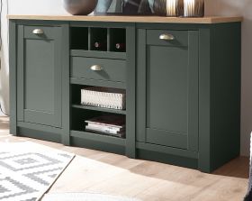 Sideboard Norwich in grün und Wotan Eiche Landhaus Kommode mit Weinregal 145 x 83 cm Sideboard Norwich in grün und Wotan Eiche Landhaus Kommode mit Weinregal 145 x 83 cm