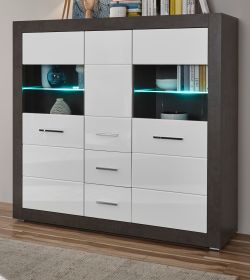 Highboard Briard in weiß Hochglanz und grau Stone Wohn- und Esszimmer Vitrine 149 x 142 cm Highboard Briard in weiß Hochglanz und grau Stone Wohn- und Esszimmer Vitrine 149 x 142 cm