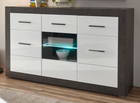 Sideboard Briard in weiß Hochglanz und grau Stone Wohn- und Esszimmer Kommode 164 x 97 cm Sideboard Briard in weiß Hochglanz und grau Stone Wohn- und Esszimmer Kommode 164 x 97 cm