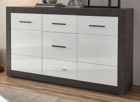 Sideboard Briard in weiß Hochglanz und grau Stone Wohn- und Esszimmer Kommode 164 x 97 cm Sideboard Briard in weiß Hochglanz und grau Stone Wohn- und Esszimmer Kommode 164 x 97 cm
