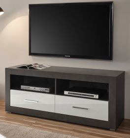 TV-Lowboard Briard in weiß Hochglanz und grau Stone TV Unterteil mit Komforthöhe 150 x 61 cm TV-Lowboard Briard in weiß Hochglanz und grau Stone TV Unterteil mit Komforthöhe 150 x 61 cm
