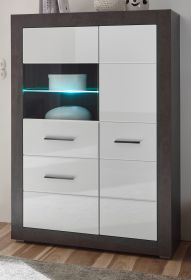 Vitrine Briard in weiß Hochglanz und grau Stone Wohn- und Esszimmer Vitrinenschrank 100 x 142 cm Vitrine Briard in weiß Hochglanz und grau Stone Wohn- und Esszimmer Vitrinenschrank 100 x 142 cm