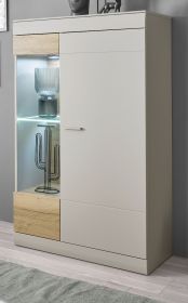 Vitrine Griego in Kieselgrau matt und Zinneiche Wohn- und Esszimmer Vitrinenschrank halbhoch 90 x 139 cm Vitrine Griego in Kieselgrau matt und Zinneiche Wohn- und Esszimmer Vitrinenschrank halbhoch 90 x 139 cm