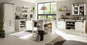 Küche mit Kochinsel Stove in weiß Pinie und anthrazit Landhaus Küchenschrank Set 7-teilig Küche mit Kochinsel Stove in weiß Pinie und anthrazit Landhaus Küchenschrank Set 7-teilig