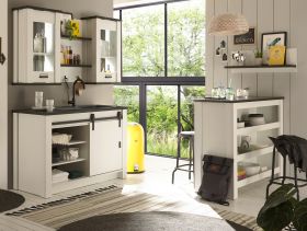 Küche mit Theke Stove in weiß Pinie und anthrazit Landhaus Küchenschrank Set 6-teilig Küche mit Theke Stove in weiß Pinie und anthrazit Landhaus Küchenschrank Set 6-teilig
