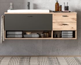Waschbeckenunterschrank MIT Waschbecken Grado in Nox Eiche und grau matt Waschtisch hängend 138 cm Waschbeckenunterschrank MIT Waschbecken Grado in Nox Eiche und grau matt Waschtisch hängend 138 cm
