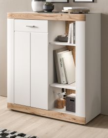 Kommode Laredo in weiß matt und Nox Eiche Landhaus Wohn- und Esszimmer Highboard 91 x 104 cm Kommode Laredo in weiß matt und Nox Eiche Landhaus Wohn- und Esszimmer Highboard 91 x 104 cm