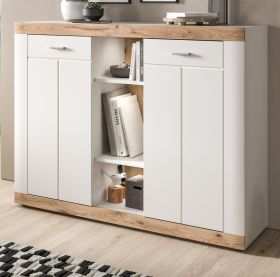 Sideboard Laredo in weiß matt und Nox Eiche Landhaus Wohn- und Esszimmer Kommode 131 x 104 cm Sideboard Laredo in weiß matt und Nox Eiche Landhaus Wohn- und Esszimmer Kommode 131 x 104 cm